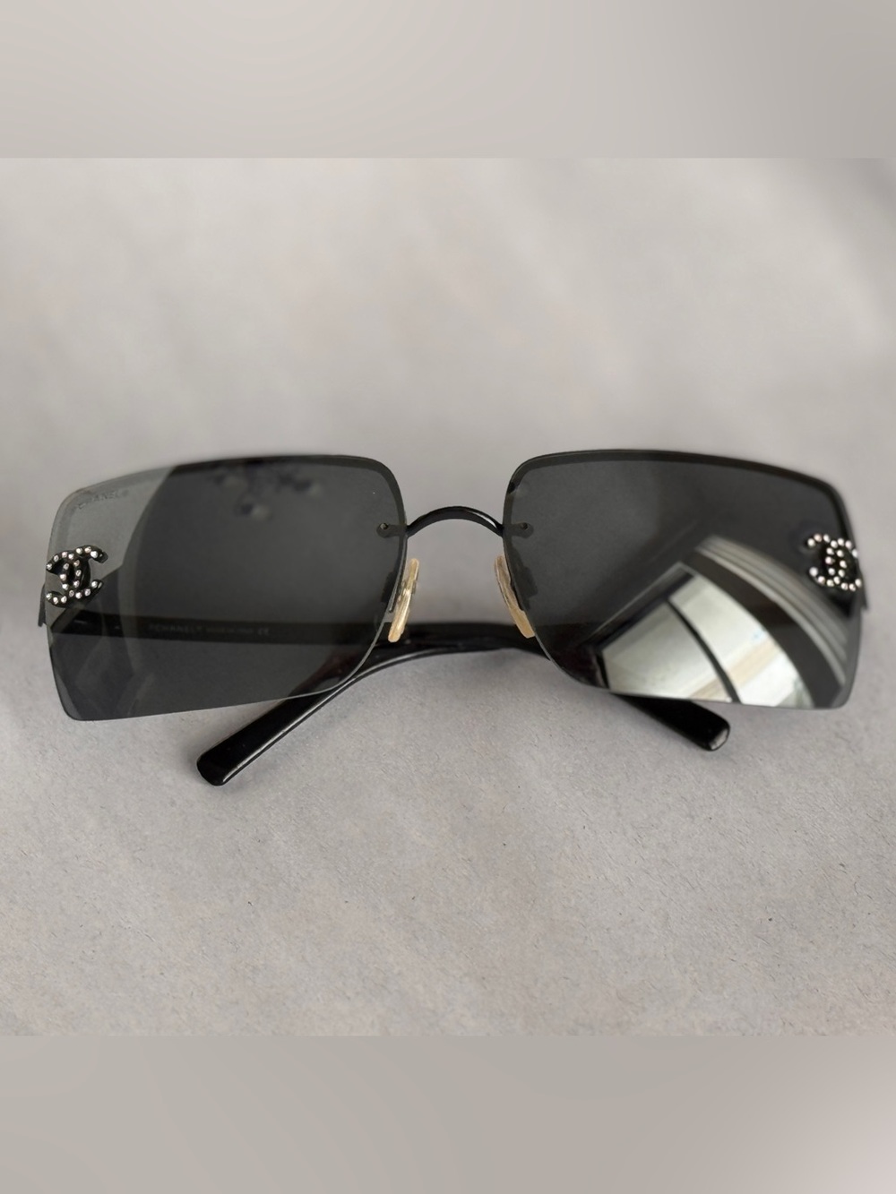 CHANEL Black Tinted Rimless Square Sunglasses with Crystal CC Logos